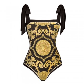 Retro Black Gold Color Matching Printed One-piece Swimsuit Sexy Beach Swimwear Fashion Strap Cover-up Blouse Pre-sale New 2023